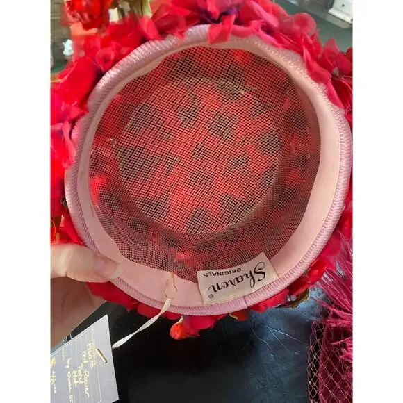 vintage 1950s red flower hat pillbox 50s fashion easter 3-D millinery rockabilly - Picture 6 of 6